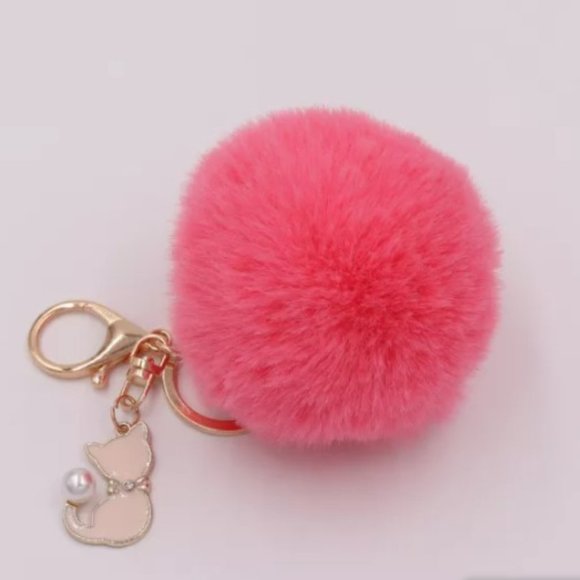 TT-Rabbit Faux Fur Ball Key Chain / Purse Accessory  with Cat -Hot Pink - Picture 1 of 2